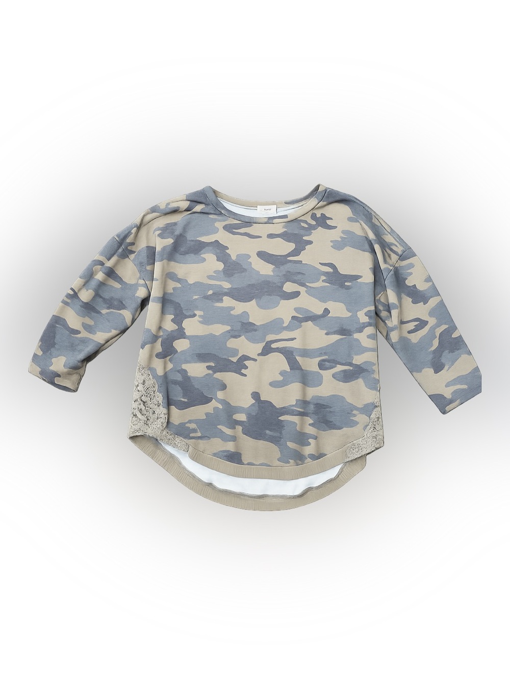 Eyeshadow Women’s Large Camo Knit Top Lace Side Panels Layered Hem Long Sleeve